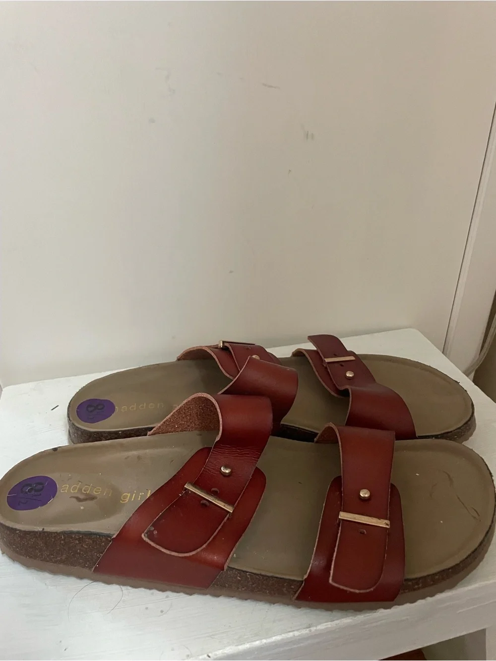 Madden Girl Red-Brown Double‎ Strap Slide Sandals